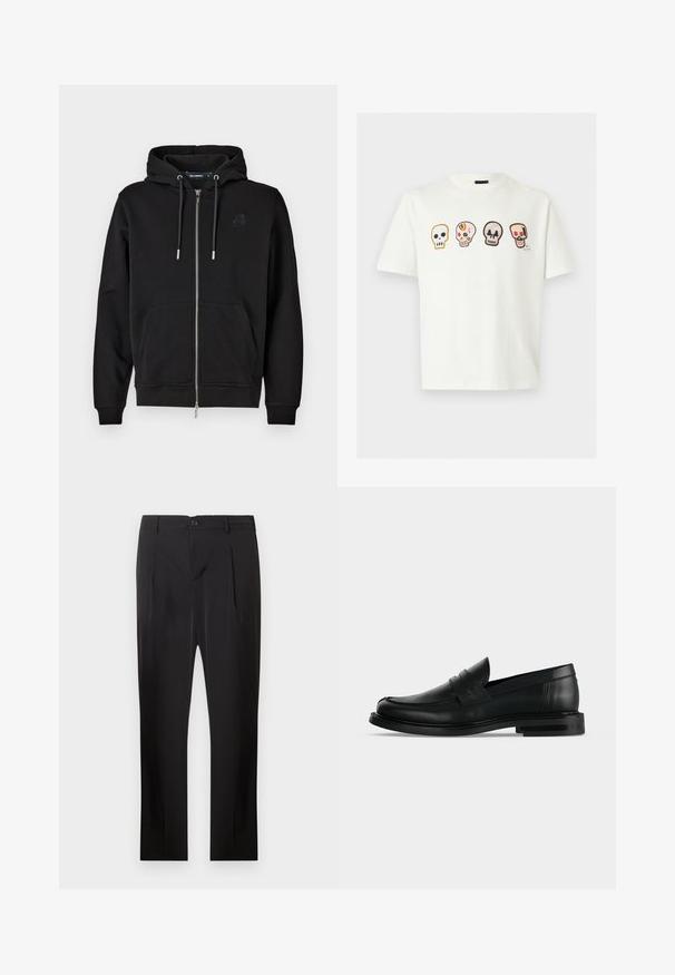 Schwarze Zip-Hoodie aus weichem Stoff mit einer Fronttasche, Kordeln und einem gestickten Logo auf der linken Brust.; Weißes T-Shirt mit kurzen Ärmeln und vier bunten bestickten Totenköpfen in einer Reihe über der Brust auf einfarbigem Hintergrund.; Schwarze maßgeschneiderte Hosen mit glatter Textur, geradem Schnitt, vorderen Falten und einem einzelnen Knopfverschluss an der Taille.; Schwarzer Leder-Pennyloafer für Herren mit niedrigem, gestapeltem Absatz und abgerundetem Zehenbereich, von der Seite auf hellgrauem Hintergrund gezeigt.