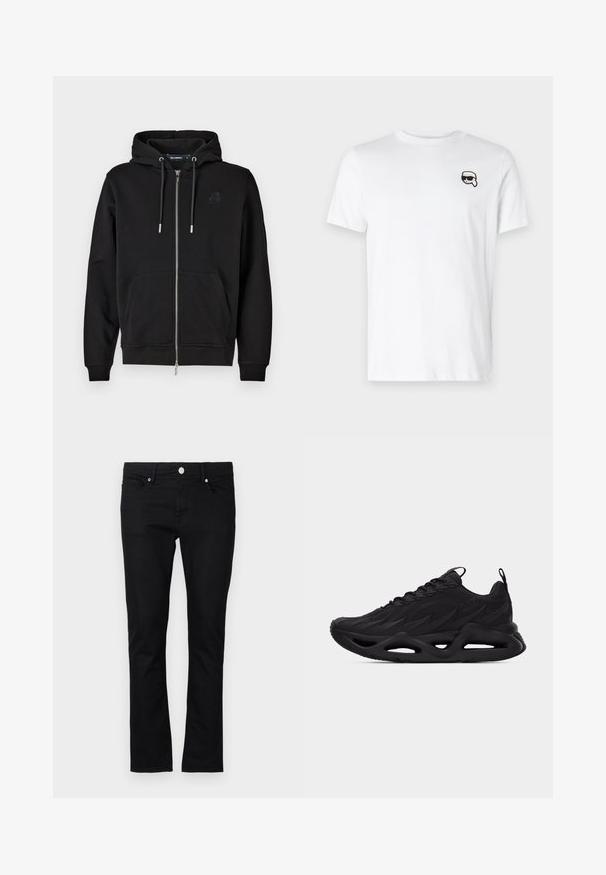 Sudadera con cremallera negra hecha de tejido suave, que cuenta con un bolsillo frontal, cordones y un logo bordado en el lado izquierdo del pecho.; Camiseta de algodón blanca con un pequeño gráfico en blanco y negro en el área del pecho izquierdo. Cuello redondo clásico y mangas cortas.; Jeans de mezclilla negra con un corte ajustado, diseño de pierna recta, estilo de cinco bolsillos y cierre de botón metálico, con detalles de costura mínimos.; Zapatilla deportiva negra con parte superior texturizada, diseño con cordones, lengüetas para tirar en la lengüeta y el talón, y una suela esculpida con detalles recortados.