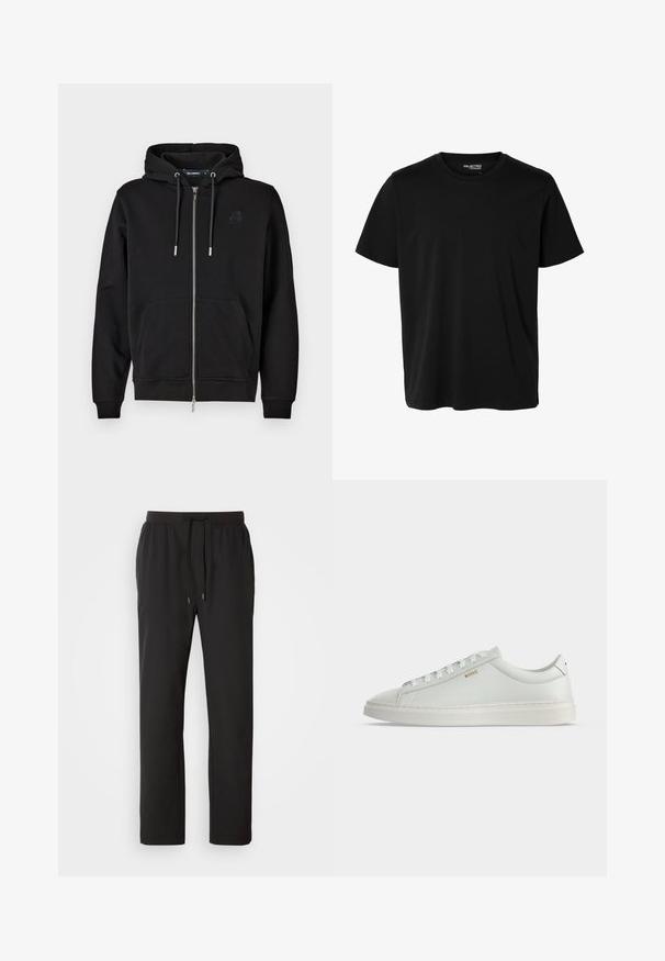 Zwarte rits-hoodie gemaakt van zachte stof, met een voorzak, koordjes en een geborduurd logo op de linkerkant van de borst.; Effen zwarte korte mouwen t-shirt met ronde hals in mannenmodel, zonder zichtbare patronen of logo's aan de voorkant.; Zwarte joggingbroeken van lichtgewicht stof, met een elastische tailleband en verstelbare trekkoorden, evenals zijzakken. Soepele textuur.; Witte lage leren sneaker met veters, platte zool en klein gouden "BOSS" logo aan de zijkant, gezien vanaf de buitenkant.