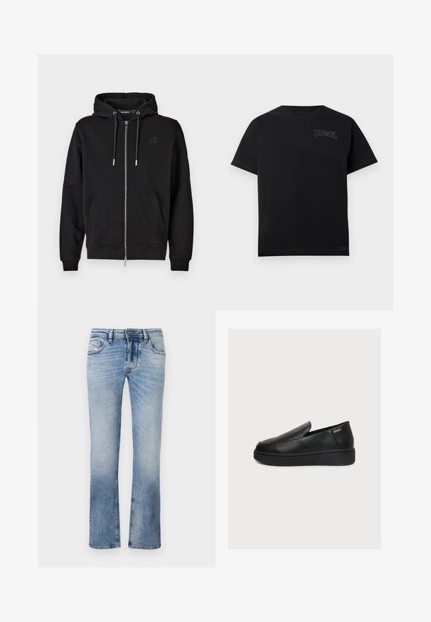 Sort hættejakke med lynlås lavet af blødt stof, med en forlommer, snore og et broderet logo på venstre bryst.; Sort t-shirt i bomuld med korte ærmer og rund halsudskæring. Har en hvid broderet "DIESEL"-logo på øverste venstre side.; Lyseblå denim jeans med lige ben-design, der har frontlommer, lynlås og subtile falmninger i stoffet.; Sort læder slip-on platform sko med tyk sål og lille gyldent "HUGO" logo nær hælen på en ensfarvet lys baggrund.