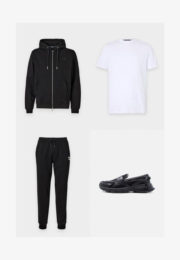 Zwarte rits-hoodie gemaakt van zachte stof, met een voorzak, koordjes en een geborduurd logo op de linkerkant van de borst.; Witte katoenen t-shirt met korte mouwen, ronde halslijn, voorzien van een subtiele reliëflogo op de linkerborst, met een soepele textuur.; Zwarte sweatpants met een elastische tailleband en een verstelbaar koord. Heeft ribgebreide boorden en een klein grafisch detail op de bovenbenen.; Zwarte instapsneaker met dikke, gestructureerde zool en mesh panelen, ontworpen voor casual en sportief gebruik.