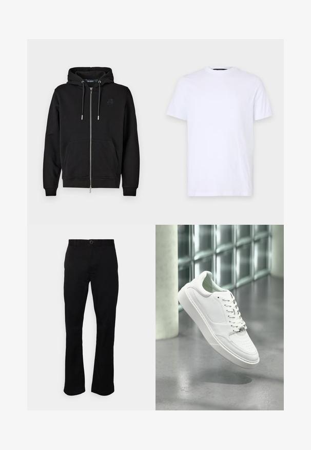 Sort hættejakke med lynlås lavet af blødt stof, med en forlommer, snore og et broderet logo på venstre bryst.; Hvid bomulds T-shirt med korte ærmer, rund halsudskæring, med et diskret præget logo på venstre bryst, glat tekstur.; Sorte, lige ben bukser lavet af et glat stof. Har en knaplukning, bæltestropper og forlommer. Simpelt design uden mønstre.; Hvid sneakers i læder med rundet snude, snørelukning foran og flad gummisål. Har perforerede detaljer og subtilt logoaccent.