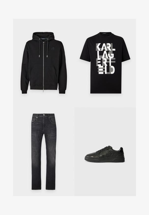 Schwarze Zip-Hoodie aus weichem Stoff mit einer Fronttasche, Kordeln und einem gestickten Logo auf der linken Brust.; Schwarzes kurzärmeliges T-Shirt mit großem weißen, stilisierten Text „KARL LAGERFELD“, der vertikal vorne angeordnet ist.; Dunkelgraue Jeans aus Denim mit geradem Schnitt, fünf Taschen, einem Knopfverschluss und dezenten Verwaschungseffekten entlang der Beine.; Schwarze Low-Top-Sneaker mit strukturierten Paneelen, Schnürverschluss, Gummisohle und "KARL"-Branding an der Seite und am Fersenteil.