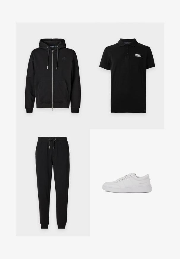 Sudadera con cremallera negra hecha de tejido suave, que cuenta con un bolsillo frontal, cordones y un logo bordado en el lado izquierdo del pecho.; Polo negro de manga corta con tres botones y logo blanco "KARL LAGERFELD" en el lado izquierdo del pecho.; Pantalones deportivos negros con cintura elástica, cordón ajustable, bolsillos laterales y piernas ajustadas. Fabricados con un tejido suave y elástico.; Zapatillas de cuero blanco con un diseño clásico de corte bajo, suela plana y un sutil logo de la marca en el talón. Cuenta con cinco ojales metálicos para los cordones.