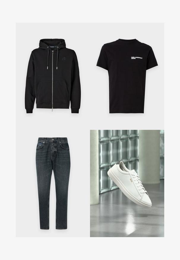 Sudadera con cremallera negra hecha de tejido suave, que cuenta con un bolsillo frontal, cordones y un logo bordado en el lado izquierdo del pecho.; Camiseta negra de algodón, con cuello redondo y mangas cortas. Texto del logo en blanco destacado en el área del lado izquierdo del pecho. Diseño simple.; Jeans de mezclilla gris oscuro con un diseño de pierna recta, cinco bolsillos, cierre de botón y un ligero desgaste. Hechos de algodón con una textura suave.; Zapatilla deportiva de piel blanca de corte bajo con cordones, lengüeta negra en el talón y logo "BOSS", flotando en interiores cerca de una pared de bloques de vidrio y suelo pulido.