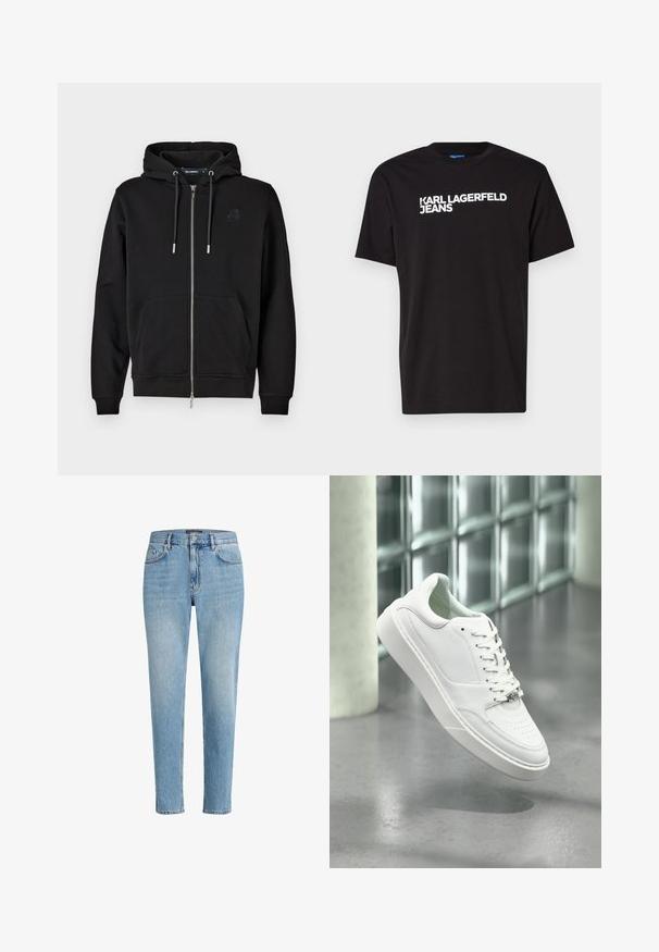 Zwarte rits-hoodie gemaakt van zachte stof, met een voorzak, koordjes en een geborduurd logo op de linkerkant van de borst.; Zwarte katoenen T-shirt met korte mouwen en ronde halslijn, met diagonaal over de voorkant in witte tekst "KARL LAGERFELD JEANS".; Lichtblauwe denim jeans met een relaxed fit, vijf zakken ontwerp en subtiele wassing. Bevat een merklabel nabij de taille.; Witte leren sneaker met een afgeronde neus, vetersluiting aan de voorkant en een platte rubberen zool. Voorzien van geperforeerde details en een subtiel logo-accent.