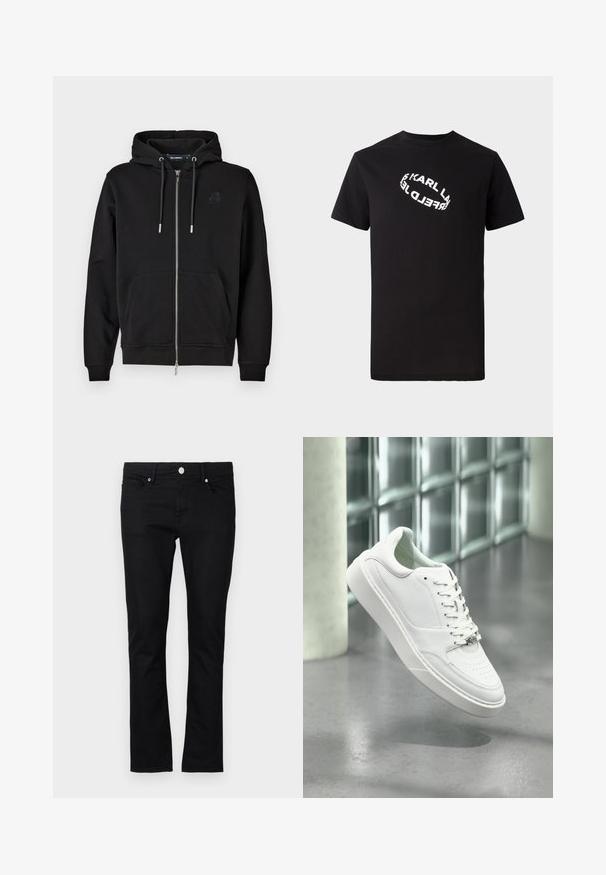 Sudadera con cremallera negra hecha de tejido suave, que cuenta con un bolsillo frontal, cordones y un logo bordado en el lado izquierdo del pecho.; Camiseta de algodón negra con mangas cortas y cuello redondo. Presenta un texto de logo distorsionado en blanco impreso en el frente.; Jeans de mezclilla negra con un corte ajustado, diseño de pierna recta, estilo de cinco bolsillos y cierre de botón metálico, con detalles de costura mínimos.; Zapatilla deportiva de cuero blanco con punta redondeada, cierre frontal con cordones y suela plana de goma. Presenta detalles perforados y un sutil acento con el logo.