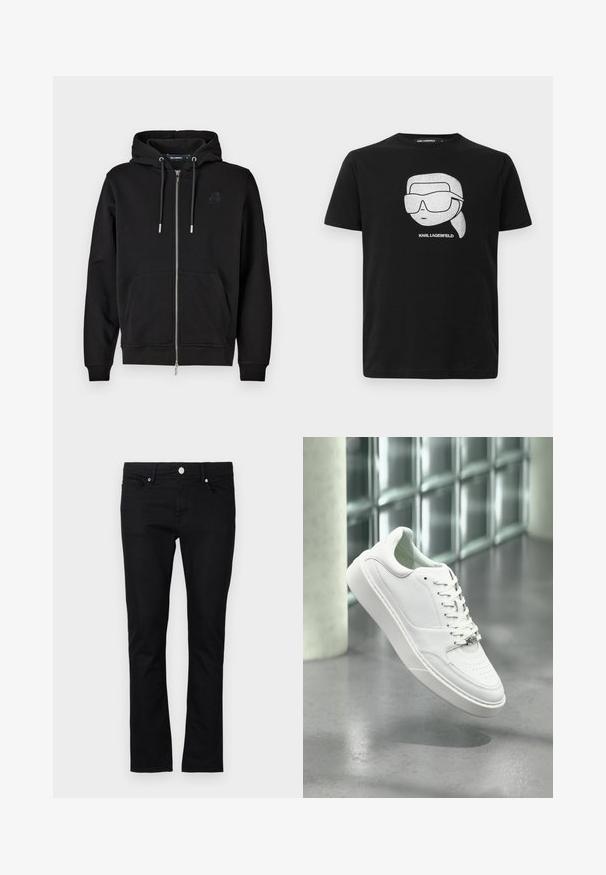 Sudadera con cremallera negra hecha de tejido suave, que cuenta con un bolsillo frontal, cordones y un logo bordado en el lado izquierdo del pecho.; Camiseta de algodón negra con un gráfico blanco de un personaje estilizado que lleva gafas de sol grandes, con el texto "KARL LAGERFELD" debajo de la imagen.; Jeans de mezclilla negra con un corte ajustado, diseño de pierna recta, estilo de cinco bolsillos y cierre de botón metálico, con detalles de costura mínimos.; Zapatilla deportiva de cuero blanco con punta redondeada, cierre frontal con cordones y suela plana de goma. Presenta detalles perforados y un sutil acento con el logo.