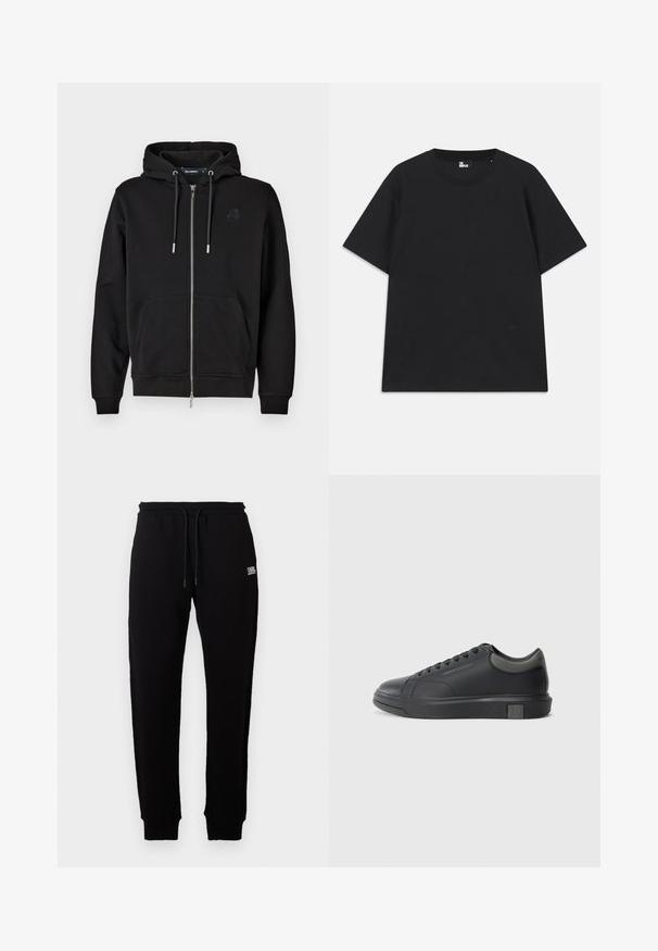 Schwarze Zip-Hoodie aus weichem Stoff mit einer Fronttasche, Kordeln und einem gestickten Logo auf der linken Brust.; Schwarzes Kurzarm-T-Shirt aus Baumwolle mit rundem Halsausschnitt und einem kleinen Logo-Detail am Saum. Glatte Textur, reguläre Passform.; Schwarze Baumwoll-Sweatpants mit einem elastischen Bund und verstellbarem Kordelzug. Kleines weißes Logo auf der Vorderseite gedruckt. Rippbündchen an den Knöcheln.; Schwarze Ledersneaker mit glatter Oberfläche, runder Zehenpartie und dunkelgrauen Akzenten. Verfügt über ein Schnürdesign und eine strukturierte Gummisohle.