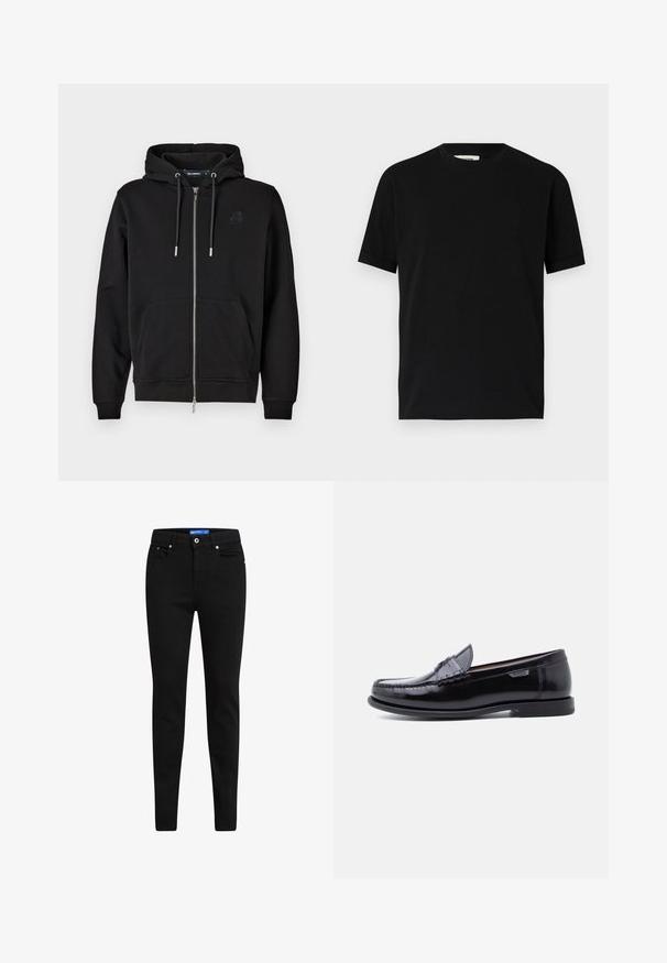 Sort hættejakke med lynlås lavet af blødt stof, med en forlommer, snore og et broderet logo på venstre bryst.; Sort kortærmet t-shirt lavet af bomuld med rund halsudskæring og løs pasform. Glat tekstur, ingen mønstre eller synlige logoer.; Sorte slim-fit jeans lavet af denim, med fem-lomme design, knaplukning og kontrasterende blå label på taljen.; Sorte læderloafer med en blank finish, der har et syet mønster på tåen og en lav, tekstureret sort gummisål.