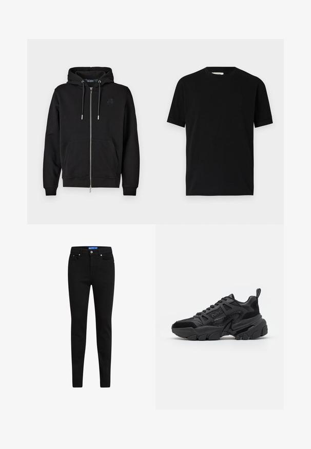 Sudadera con cremallera negra hecha de tejido suave, que cuenta con un bolsillo frontal, cordones y un logo bordado en el lado izquierdo del pecho.; Camiseta negra de manga corta hecha de algodón con un cuello redondo y un corte holgado. Textura suave, sin patrones ni logotipos visibles.; Jeans ajustados negros de mezclilla, con un diseño de cinco bolsillos, cierre de botón y etiqueta azul contrastante en la cinturilla.; Zapatillas negras que combinan materiales lisos y texturizados, con suela gruesa, diseño con cordones y acentos laterales distintivos.