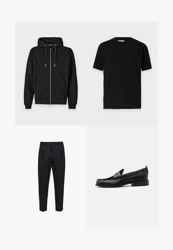 Zwarte rits-hoodie gemaakt van zachte stof, met een voorzak, koordjes en een geborduurd logo op de linkerkant van de borst.; Zwarte t-shirt met korte mouwen van katoen, met een ronde halslijn en een losse pasvorm. Gladde textuur, zonder patronen of zichtbare logo's.; Zwarte broek van een gladde stof, met een geplooide voorkant, taps toelopende pasvorm en opgerolde mouwen. Eenvoudige knoopsluiting bij de taille.; Zwarte leren loafer met grijs riemdetailelement, lage hak en gestructureerde zool, aan de zijkant gebrandmerkt met "HUGO" in goud.