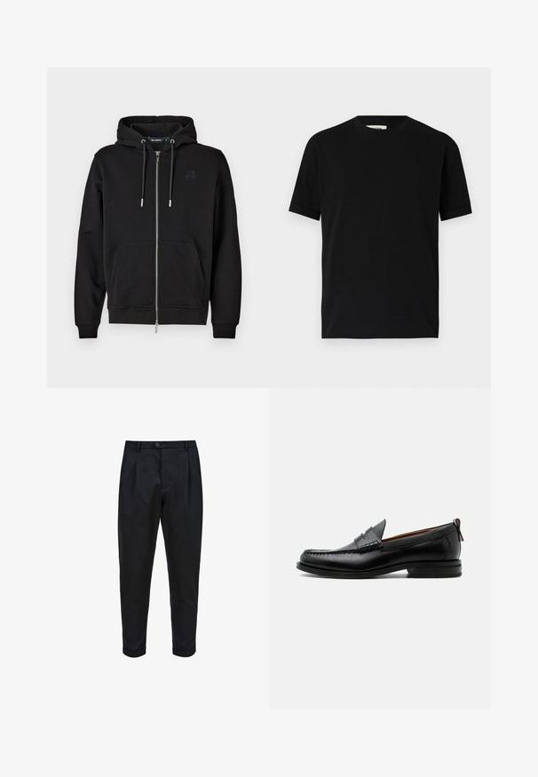 Schwarze Zip-Hoodie aus weichem Stoff mit einer Fronttasche, Kordeln und einem gestickten Logo auf der linken Brust.; Schwarzes kurzärmliges T-Shirt aus Baumwolle mit Rundhalsausschnitt und lockerer Passform. Sanfte Textur, keine Muster oder sichtbaren Logos.; Schwarze Hose aus einem glatten Stoff, mit einem gefalteten Vorderteil, schmalem Schnitt und umgeschlagenen Säumen. Einfache Knopfverschluss an der Taille.; Schwarzer Leder-Herrenschuh mit Mokassinnaht, Penny-Riemen, strukturiertem Kragen und niedrigem gestapeltem Absatz auf weißem Hintergrund.