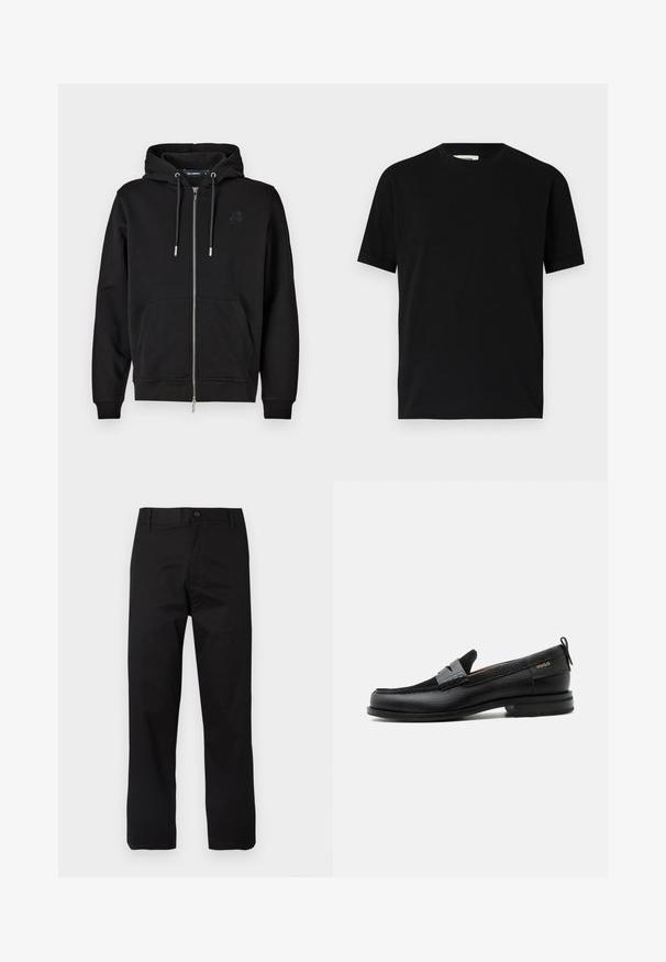 Schwarze Zip-Hoodie aus weichem Stoff mit einer Fronttasche, Kordeln und einem gestickten Logo auf der linken Brust.; Schwarzes kurzärmliges T-Shirt aus Baumwolle mit Rundhalsausschnitt und lockerer Passform. Sanfte Textur, keine Muster oder sichtbaren Logos.; Schwarze Baumwollhose mit geradem Schnitt, Knopfverschluss und Gürtelschlaufen, versehen mit minimalen Ziernähten.; Schwarzer Lederloafer mit grauem Riemendetail, niedrigem Absatz und strukturierter Sohle, seitlich mit „HUGO“ in Gold gebrandmarkt.
