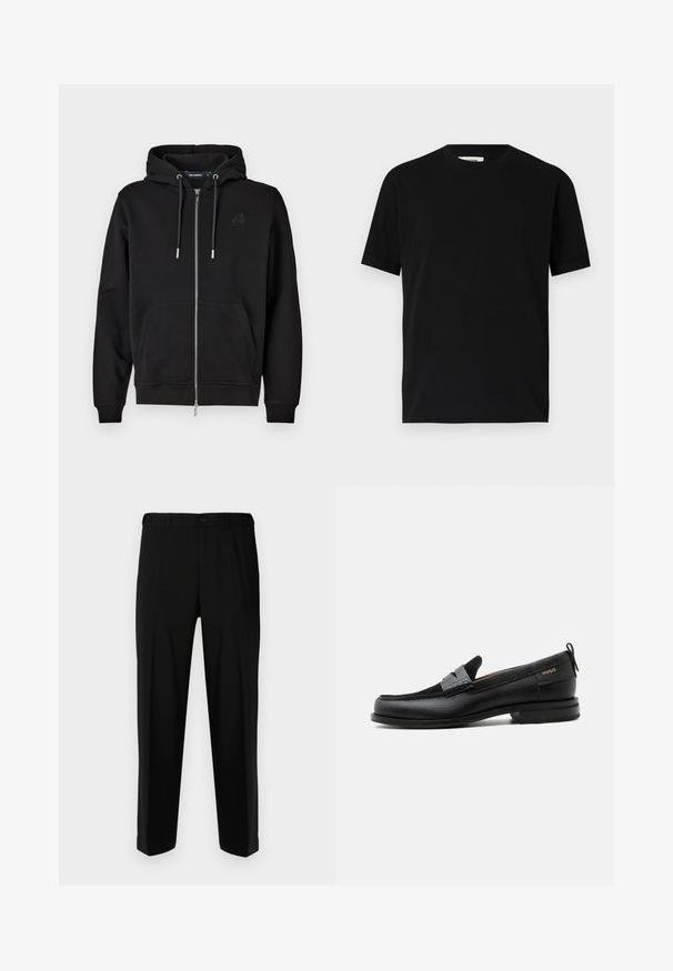 Sudadera con cremallera negra hecha de tejido suave, que cuenta con un bolsillo frontal, cordones y un logo bordado en el lado izquierdo del pecho.; Camiseta negra de manga corta hecha de algodón con un cuello redondo y un corte holgado. Textura suave, sin patrones ni logotipos visibles.; Pantalones negros de tela suave, con corte recto, dos bolsillos frontales y cremallera con cierre de botón.; Mocasín de cuero negro con detalle de tira gris, tacón bajo y suela texturizada, con la marca "HUGO" en oro en el lateral.