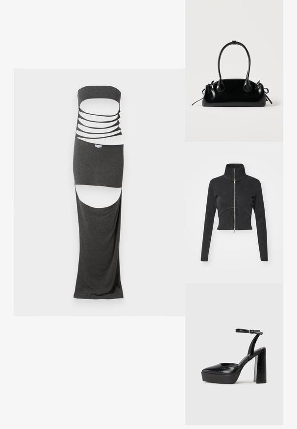 Veste en denim noir coupée avec un col haut, une fermeture éclair complète et des manches longues. Présente un design à couture courbée et une texture subtile.; Robe maxi découpée en tissu gris foncé, dotée d'un design sans bretelles avec plusieurs découpes horizontales et fentes sur les côtés. Texture lisse.; Escarpins noirs à plateforme avec un bout pointu et une sangle réglable à la cheville. Conçus en cuir lisse, avec un large talon bloc.; Petit sac à main noir brillant avec deux longues anses et des détails à cordon sur les côtés sur un fond clair uni.