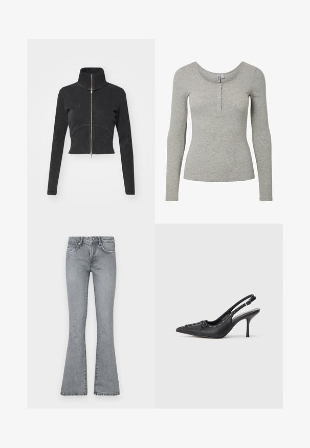 Veste en denim noir coupée avec un col haut, une fermeture éclair complète et des manches longues. Présente un design à couture courbée et une texture subtile.; Haut à manches longues gris clair côtelé avec encolure ronde et patte de boutonnage à quatre boutons, silhouette ajustée et tissu tricoté doux.; Jean flare gris clair en denim. Présente une taille haute, un design à cinq poches et un délavage avec des accents de couture le long des coutures.; Escarpin en cuir noir à talon aiguille avec un bout pointu, une bride latérale à boucle, des clous le long du bord et un laçage décoratif à l'avant.