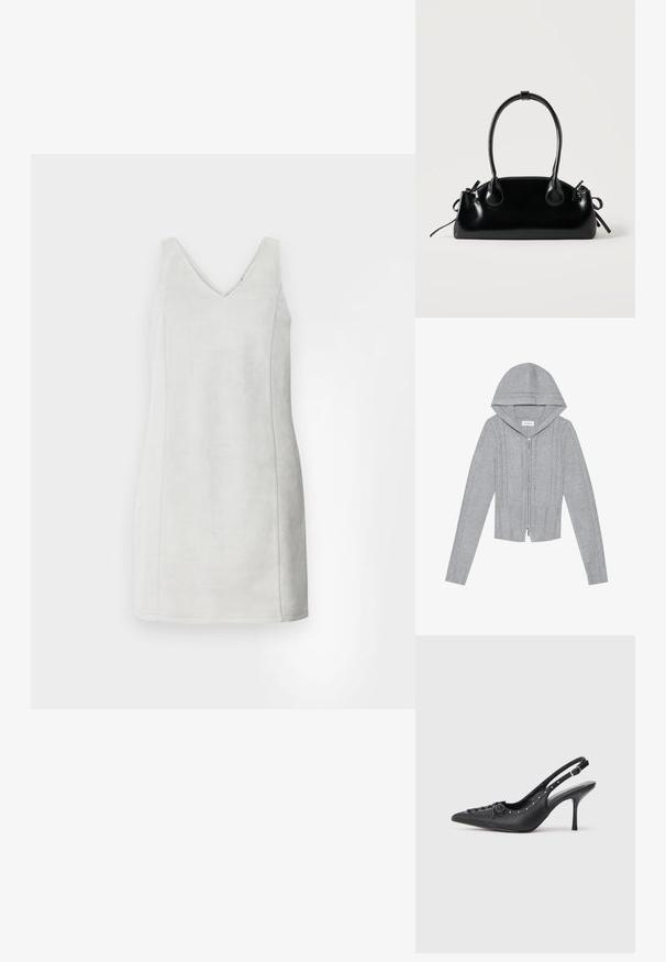 Hellgraue Zip-Hoodie mit Kapuze, die über ein Kabelstrickmuster, gerippte Säume und Bündchen sowie eine glatte Textur verfügt. Perfekt zum Layering.; Ärmelloses V-Ausschnitt-Kleid aus weichem grauem Stoff mit glatter Textur. Figurbetonte Silhouette mit vertikalen Nähten an den Seiten.; Schwarzer Leder-Slingback-Stiletto mit spitzem Zehenaufsatz, seitlichem Schnallenriemen, Nieten entlang der Kante und dekorativer Schnürung vorne.; Kleine schwarze glänzende Handtasche mit zwei langen Griffen und seitlichen Kordelzug-Details vor einfachem hellem Hintergrund.
