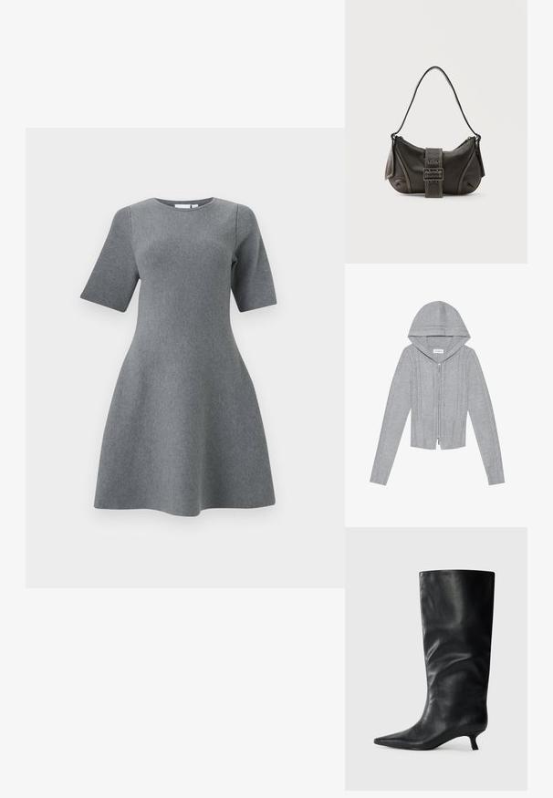 Hellgraue Zip-Hoodie mit Kapuze, die über ein Kabelstrickmuster, gerippte Säume und Bündchen sowie eine glatte Textur verfügt. Perfekt zum Layering.; Graues A-Linien-Kleid mit kurzen Ärmeln, rundem Ausschnitt und strukturierter Strickware, entworfen für einen taillierten Oberkörper und einen ausgestellten Rock.; Schwarzer, knielanger Lederstiefel mit spitzer Zehe und niedrigem Kittenheel, auf einem schlichten hellen Hintergrund präsentiert.; Schwarze Leder-Schultertasche mit Schnallengurt-Detail, abgerundeten Kanten und kontrastierenden weißen Nähten auf schlichtem Hintergrund.