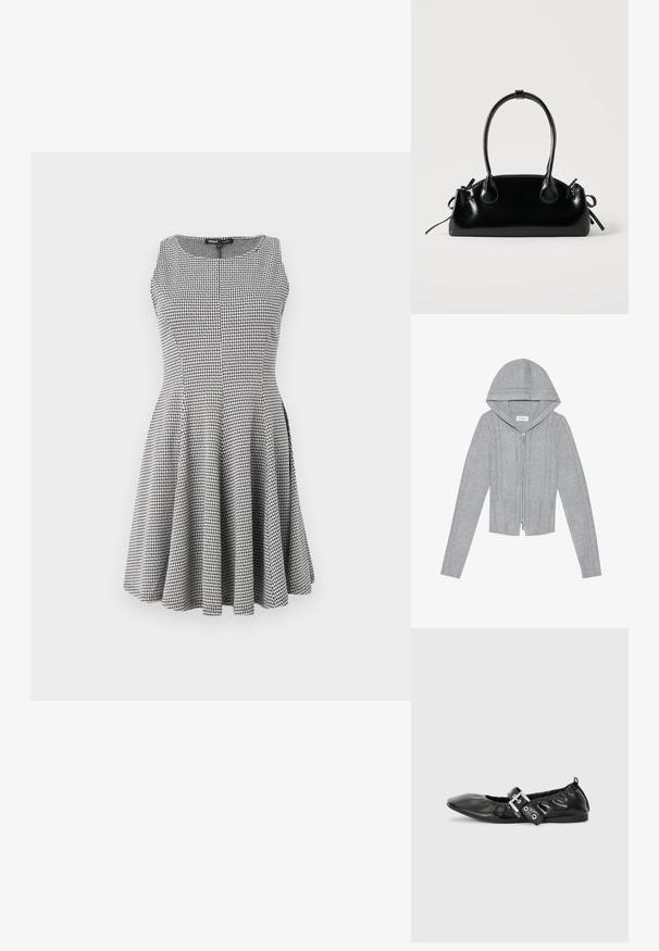 Lys grå zip-up hættetrøje med hætte, prydet med kabelstrik mønstre, ribbede kanter og manchetter samt en glat tekstur. Perfekt til lag-på-lag.; Sort-hvid ternet ærmeløs kjole med tætsiddende liv og flagrende nederdel, glat tekstur og subtile sømdetaljer.; Sorte læder flade sko med spids tå, samling detaljer omkring åbningen, og en sølv spænde accent på den justerbare rem.; Lille sort blank håndtaske med to lange håndtag og snøre-detaljer i siden på en ensfarvet lys baggrund.