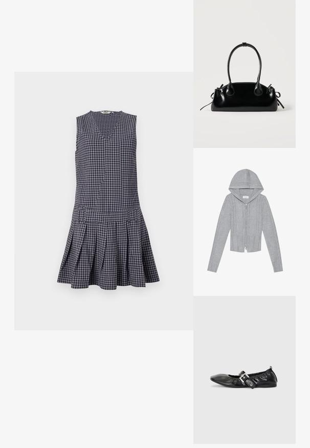 Lys grå zip-up hættetrøje med hætte, prydet med kabelstrik mønstre, ribbede kanter og manchetter samt en glat tekstur. Perfekt til lag-på-lag.; Marineblå ternet kjole med V-hals, ærmeløst design, plisseret nederdel og struktureret talje. Fremstillet af letvægtsstof.; Sorte læder flade sko med spids tå, samling detaljer omkring åbningen, og en sølv spænde accent på den justerbare rem.; Lille sort blank håndtaske med to lange håndtag og snøre-detaljer i siden på en ensfarvet lys baggrund.
