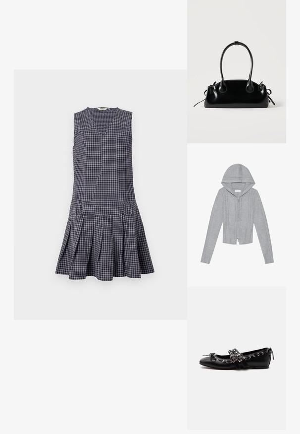 Hellgraue Zip-Hoodie mit Kapuze, die über ein Kabelstrickmuster, gerippte Säume und Bündchen sowie eine glatte Textur verfügt. Perfekt zum Layering.; Marineblaues kariertes Kleid mit V-Ausschnitt, ärmellosem Design, plissiertem Rock und strukturierter Taille. Hergestellt aus leichtem Stoff.; Schwarzer flacher Ballettschuh mit doppelten Schnallenriemen, silbernen Ösen und einer kleinen Schleife nahe der abgerundeten Spitze auf weißem Hintergrund.; Kleine schwarze glänzende Handtasche mit zwei langen Griffen und seitlichen Kordelzug-Details vor einfachem hellem Hintergrund.