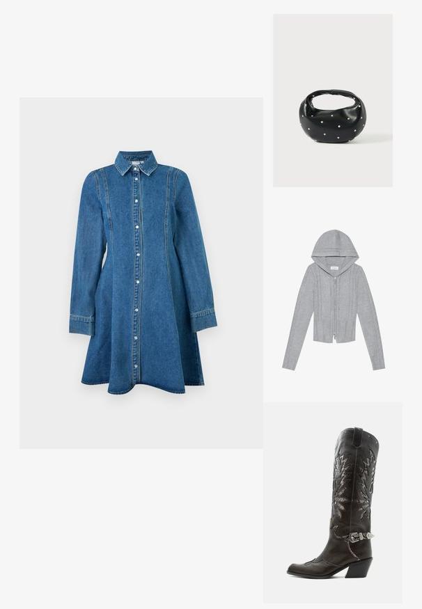 Lys grå zip-up hættetrøje med hætte, prydet med kabelstrik mønstre, ribbede kanter og manchetter samt en glat tekstur. Perfekt til lag-på-lag.; Blå denim kjole med lange ærmer, krave, knaplukning foran og sømdetaljer, der flaner let ved kanten.; Sort læder cowboystøvle med dekorative udskæringer, sølvspænde og skrå hæl, vist på hvid baggrund.; Sort læderhåndtaske med en rundet form, dekoreret med sølvnitter, og et kort håndtag. Glat tekstur og lynlåslukning.