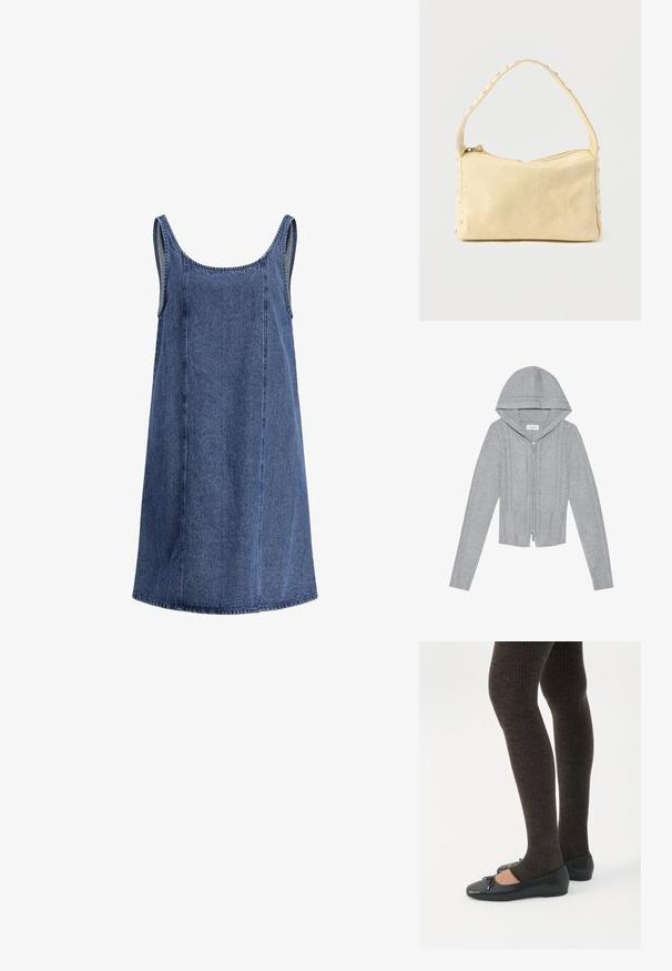 Lys grå zip-up hættetrøje med hætte, prydet med kabelstrik mønstre, ribbede kanter og manchetter samt en glat tekstur. Perfekt til lag-på-lag.; Ærmeløs blå denimkjole med brede skulderstropper, rund halsudskæring og synlige sømdetaljer, knælængde med lige kant.; Ben iført mørke ribbede leggings kombineret med sorte balletsko med små sløjfedetaljer på hvid baggrund.; Lille beige læderhåndtaske med en enkelt rem og sølvnitter langs kanterne og remmen, sat mod en ensfarvet baggrund.