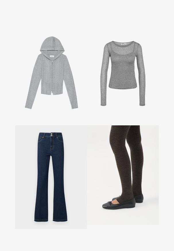 Hellgraue Zip-Hoodie mit Kapuze, die über ein Kabelstrickmuster, gerippte Säume und Bündchen sowie eine glatte Textur verfügt. Perfekt zum Layering.; Graues langärmliges Rippenstrickoberteil mit U-Ausschnitt und figurbetonter Silhouette.; Dunkelblaue Denim-Jeans mit hoher Taille, Doppelknopfverschluss, Vordertaschen und leicht ausgestellten Beinen.; Beine in dunklen, gerippten Leggings kombiniert mit schwarzen Ballerinas mit kleinen Schleifendetails auf weißem Hintergrund.
