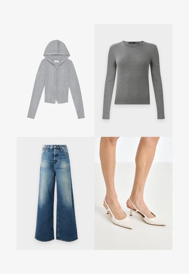 Haut à capuche zippé gris clair, avec des motifs en tricot torsadé, des bords côtelés en bas et aux manches, et une texture lisse. Parfait pour le layering.; Pull en maille côtelée gris à manches longues avec un col rond et une coupe ajustée. La texture semble lisse et élastique, idéale pour superposer.; Jean en denim bleu à jambes larges avec une finition décolorée, taille haute et design classique à cinq poches. Équipés de quincaillerie en cuivre et de bords effilochés.; Escarpins à talon slingback en cuir verni beige avec un bout pointu et un talon de 5 cm, présentant des côtés découpés et une fine bride à la cheville.