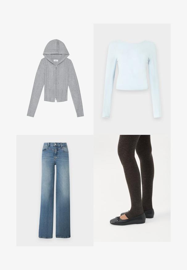 Lichtgrijze zip-up hoodie met een capuchon, voorzien van kabelbrei-patronen, geribbelde zoom en manchetten, en een gladde textuur. Perfect voor het laagjes dragen.; Lichtblauw crop top met lange mouwen, gemaakt van zachte stof met een ronde halslijn en een aansluitend ontwerp. Gladde textuur zonder zichtbare patronen.; Lichtblauwe wijde spijkerbroek met steekzakken aan de voorkant, knoopsluiting en een vervaagde textuur van taille tot zoom.; Benen met donkere geribbelde leggings gecombineerd met zwarte ballerina's met kleine strikdetails op een witte achtergrond.