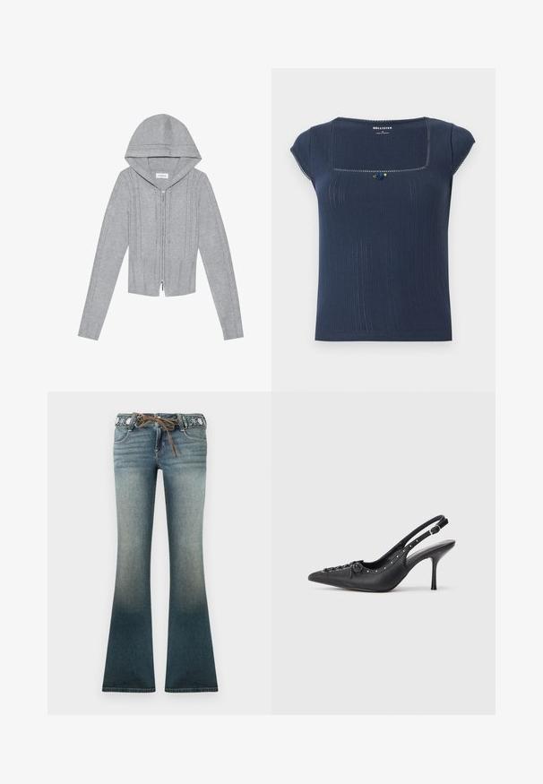 Lichtgrijze zip-up hoodie met een capuchon, voorzien van kabelbrei-patronen, geribbelde zoom en manchetten, en een gladde textuur. Perfect voor het laagjes dragen.; Diepblauw geribbeld t-shirt met een vierkante halslijn, korte mouwen en een decoratieve blauw-groene accent bij de halslijn.; Wijde spijkerbroeken in een verloop van licht naar donkerblauw, met een geborduurde tailleband en een bruine koordsluiting voor extra detail.; Zwarte leren slingback stiletto met spitse neus, zijgesp met gesp, studs langs de rand en decoratieve veters aan de voorkant.