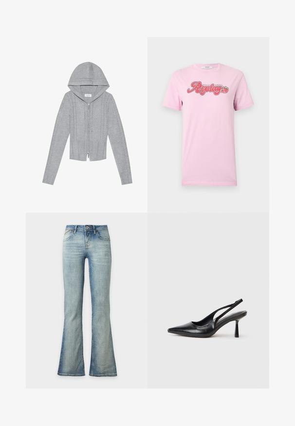 Lichtgrijze zip-up hoodie met een capuchon, voorzien van kabelbrei-patronen, geribbelde zoom en manchetten, en een gladde textuur. Perfect voor het laagjes dragen.; Lichtroze T-shirt met korte mouwen en de tekst "Hot & Sweet Replay" met twee aardbeienafbeeldingen gecentreerd op de borst.; Lichtblauwe denim jeans met een lichte uitlopende pijp aan de onderkant, voorzijde met knoop- en ritssluiting en voorzakken.; Zwarte leren slingback hoge hak schoenen met puntige neus en slanke hak op een witte achtergrond.