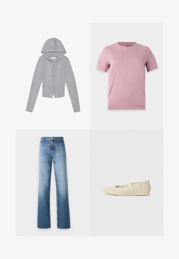 Hellgraue Zip-Hoodie mit Kapuze, die über ein Kabelstrickmuster, gerippte Säume und Bündchen sowie eine glatte Textur verfügt. Perfekt zum Layering.; Schlichtes kurzärmeliges, weiches rosa Baumwoll-T-Shirt mit rundem Halsausschnitt, dargestellt auf einem flachen hellgrauen Hintergrund.; Hellblaue Denim-Jeans mit hoher Taille, geradem Bein, ausgeblichenem Waschdesign und klassischem Fünf-Taschen-Stil. Mit einem Knopfverschluss versehen.; Beige Ballerinas aus glattem Leder mit mandelförmiger Zehenpartie und elastischem Riemen über dem Fußrücken, ausgestattet mit dezenten Nähtelementen.