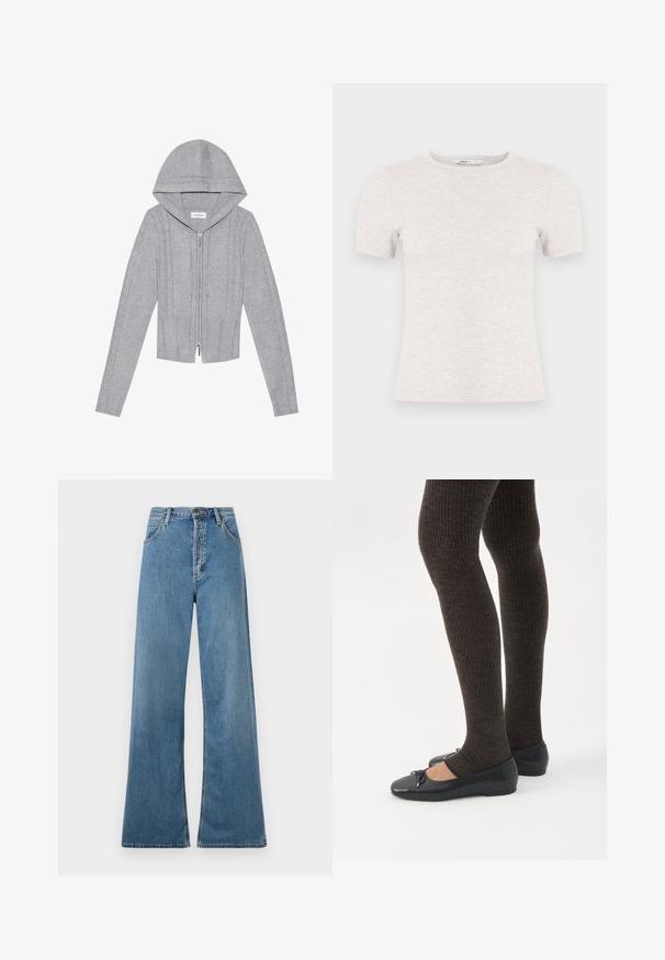 Haut à capuche zippé gris clair, avec des motifs en tricot torsadé, des bords côtelés en bas et aux manches, et une texture lisse. Parfait pour le layering.; T-shirt gris clair à manches courtes en tissu côtelé avec un col rond. Design simple, texture lisse, sans motifs ni accents visibles.; Jeans large bleu clair à taille haute, dotés de poches avant et d'un zip, présentés sur un fond blanc.; Jambes portant des leggings côtelés foncés associés à des ballerines noires avec de petits détails en nœud sur fond blanc.