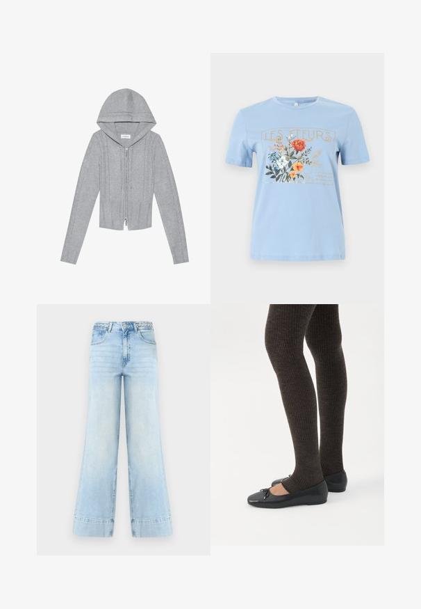 Haut à capuche zippé gris clair, avec des motifs en tricot torsadé, des bords côtelés en bas et aux manches, et une texture lisse. Parfait pour le layering.; T-shirt bleu clair à manches courtes avec un motif floral et le texte "LES FLEURS" en or au-dessus de fleurs orange, blanches et bleues.; Jean large bleu clair à taille haute, passants de ceinture tressés, bouton frontal, fermeture éclair et deux poches sur fond blanc.; Jambes portant des leggings côtelés foncés associés à des ballerines noires avec de petits détails en nœud sur fond blanc.