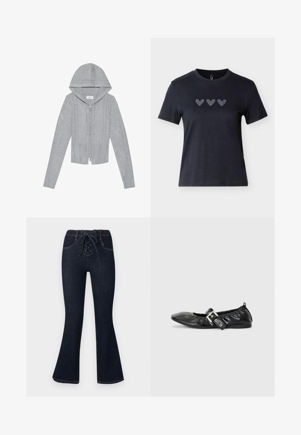 Hellgraue Zip-Hoodie mit Kapuze, die über ein Kabelstrickmuster, gerippte Säume und Bündchen sowie eine glatte Textur verfügt. Perfekt zum Layering.; Schwarzes kurzärmliges T-Shirt aus Baumwolle mit drei Reihen von Herzmotiven aus Strasssteinen über der Brust, die eine glatte Textur zeigen.; Dunkelblaue ausgestellte Jeans mit vorderer Schnürung und vorderen Taschen, flach auf einem einfarbigen Hintergrund dargestellt.; Schwarze Leder-Ballerinas mit spitzem Zehenbereich, gerafften Details am Schaft und einem silbernen Schnallenakzent am verstellbaren Riemen.