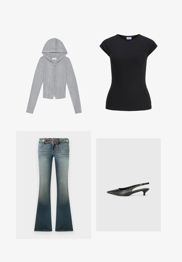 Lichtgrijze zip-up hoodie met een capuchon, voorzien van kabelbrei-patronen, geribbelde zoom en manchetten, en een gladde textuur. Perfect voor het laagjes dragen.; Zwarte nauwsluitende korte mouwen T-shirt met ronde hals en paarse merkembleem binnenin de kraag.; Wijde spijkerbroeken in een verloop van licht naar donkerblauw, met een geborduurde tailleband en een bruine koordsluiting voor extra detail.; Zwarte puntschoen met slingback van soepel leer. Kenmerkt zich door een dunne hak en een gespdetail op de verstelbare band.