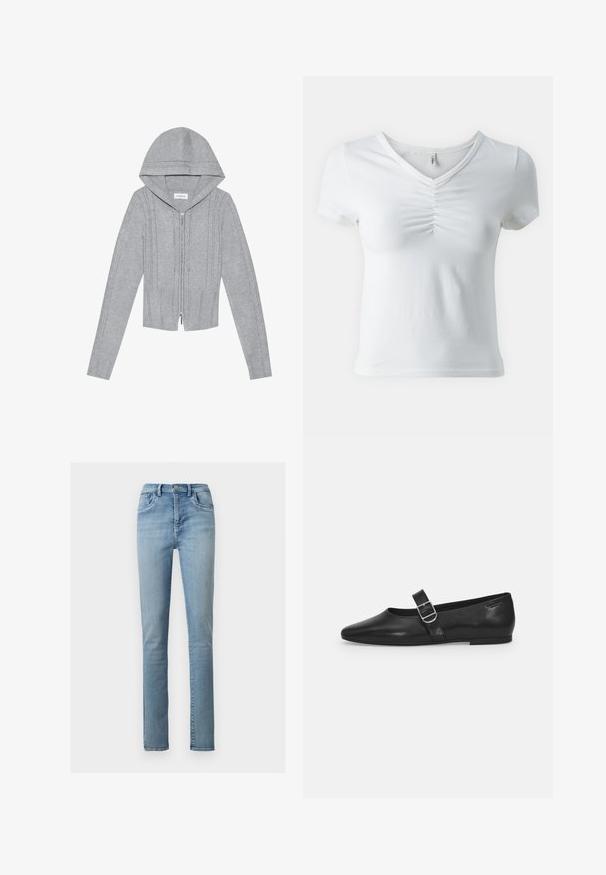 Hellgraue Zip-Hoodie mit Kapuze, die über ein Kabelstrickmuster, gerippte Säume und Bündchen sowie eine glatte Textur verfügt. Perfekt zum Layering.; Weißes T-Shirt mit kurzen Ärmeln, V-Ausschnitt und gerafftem Detail in der Mitte der Brust. Hergestellt aus weicher, leichter Stoffqualität. Klassische Passform.; Hellblaue, gerade geschnittene Jeans aus Denim mit vorderen Taschen, Knopfverschluss und Gürtelschlaufen vor einem schlichten weißen Hintergrund.; Schwarzer Lederflatschuh mit runder Zehenform, einem verstellbaren Schnallenriemen und einer glatten, glänzenden Oberfläche. Minimalistisches Design mit einem niedrigen Absatz.