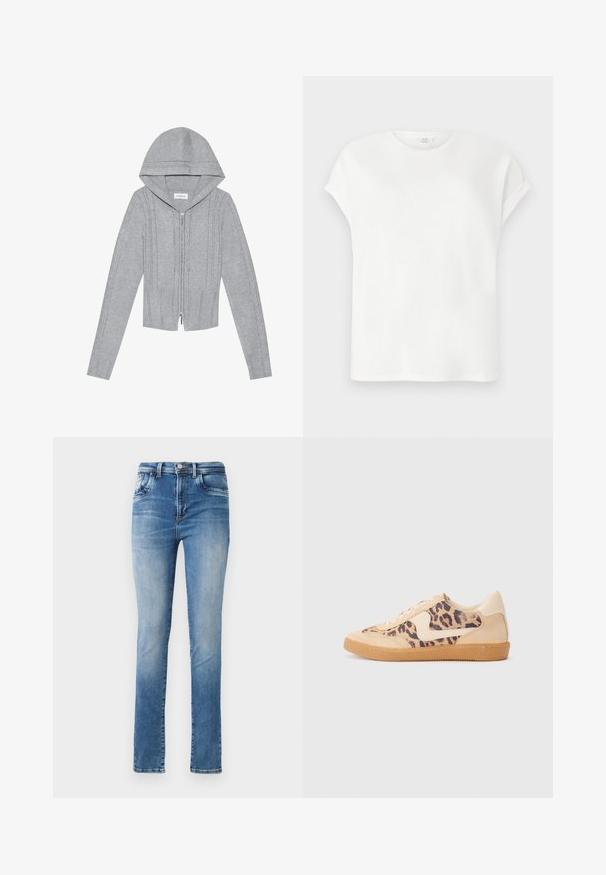 Lichtgrijze zip-up hoodie met een capuchon, voorzien van kabelbrei-patronen, geribbelde zoom en manchetten, en een gladde textuur. Perfect voor het laagjes dragen.; Witte korte-mouwen T-shirt met opgerolde mouwen en een ronde hals, plat gelegd op een lichtgrijze achtergrond.; Lichtblauwe spijkerbroek met een slim fit, met een hoge taille, een klassiek vijf-pocket ontwerp en subtiele vervaging langs de benen.; Luipaardprint sneakers met een beige suède bovenkant, tan rubberen zool en witte accenten. Ronde neus en vetersluiting met een gestructureerde afwerking.