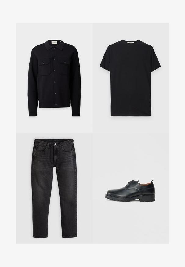 Chemise noire à manches longues boutonnée avec col et deux poches poitrine devant boutonnées, présentée sur un fond clair uni.; T-shirt noir à manches courtes en tissu de coton doux. Col rond avec une coupe décontractée, présentant des lignes épurées et simples sans motifs visibles.; Jean denim noir slim fit avec cinq poches, passants pour ceinture, et fermeture avant par bouton et fermeture éclair, posé à plat sur un fond clair.; Chaussures derby en cuir noir avec une texture lisse, bout rond, design à lacets et une semelle en caoutchouc épaisse et robuste.