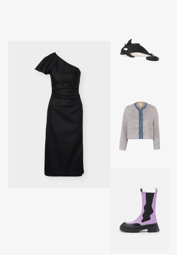 Tweedjacke in Hellbeige und Blau mit strukturiertem Muster, rundem Ausschnitt, Frontverschluss und blauer Borte mit dekorativen Akzenten.; Schwarzes knielanges Kleid mit einem kurzen Ärmel und einer schulterfreien Seite, tailliertem Schnitt und glatter Stoffstruktur.; NA-KD WAVY ELASTIC BOOTS - Plateaustiefel - black/purple; Schwarz-weiße Umhängetasche in Form eines Orcas mit Reißverschluss, kleinen Flossendetails und abnehmbarem, zusammengerolltem Riemen daneben.