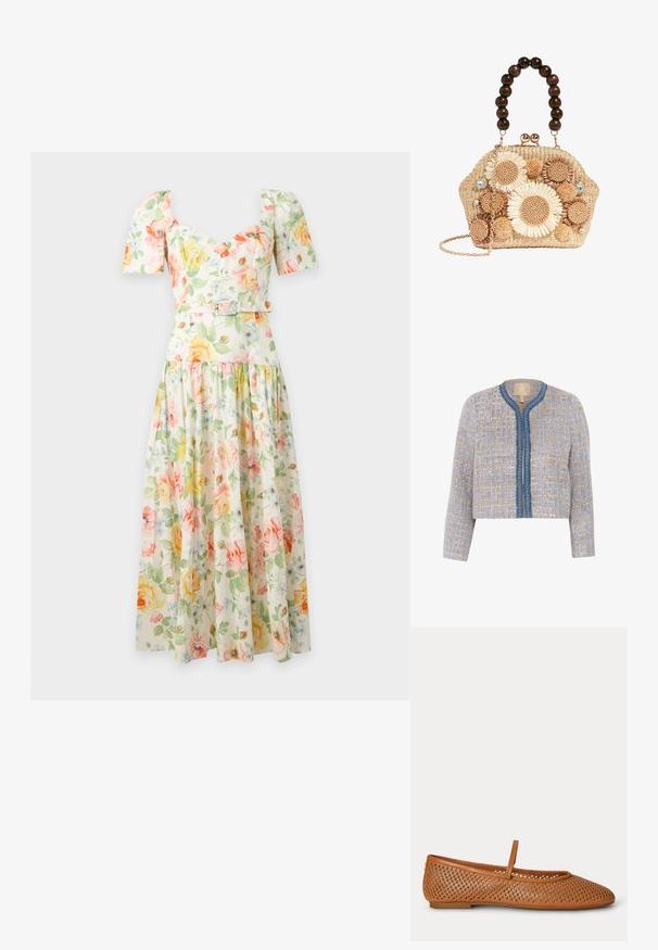 Tweedjakke i lys beige og blå med et tekstureret mønster, rund halsudskæring, lukning fortil og blå kant med dekorative detaljer.; Floral midi kjole med pufærmer, hjerteudskæring, figursyet talje med bælte og et flydende skørt i pastelgule, pink og grønne toner.; Brun flad sko med et gittermønster og en enkelt tynd rem hen over toppen, vist fra siden på en hvid baggrund.; Vævet stråhåndtaske med stor mørk træperlehåndtag, blomstrede hæklet dekorationer, pomponer, rhinsten og en guldkæde.