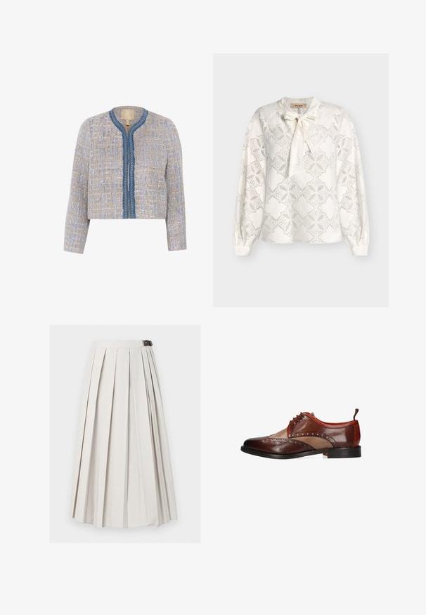 Tweed jasje in lichtbeige en blauw met een gestructureerd patroon, ronde halslijn, sluiting aan de voorkant en blauwe afwerking met decoratieve accenten.; Witte blouse met lange mouwen, een bloemenkantpatroon, geplooide manchetten en een strikdetail aan de voorkant bij de hals.; Lange witte geplooide rok met een zij gesp sluiting, plat weergegeven tegen een witte achtergrond.; Bruine leren herenschoenen in twee tinten met brogue-details, vetersluiting en zwarte zool, zijaanzicht op witte achtergrond.