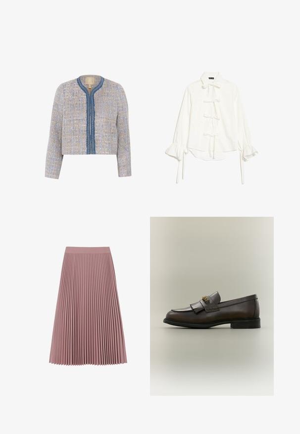 Tweedjakke i lys beige og blå med et tekstureret mønster, rund halsudskæring, lukning fortil og blå kant med dekorative detaljer.; Hvid bluse med lange, flæsekantede ærmer og fem knuder foran, med klassisk krave og let høj-lav kant.; Plisseret nederdel i blødt pink stof, med en tætsiddende talje og lodrette folder, der strækker sig til en midi-længde, glat tekstur og ingen synlige hardware.; Mørkebrun læderloafer med frynser og guldbeslag på sort sål, vist fra siden på en neutral baggrund.