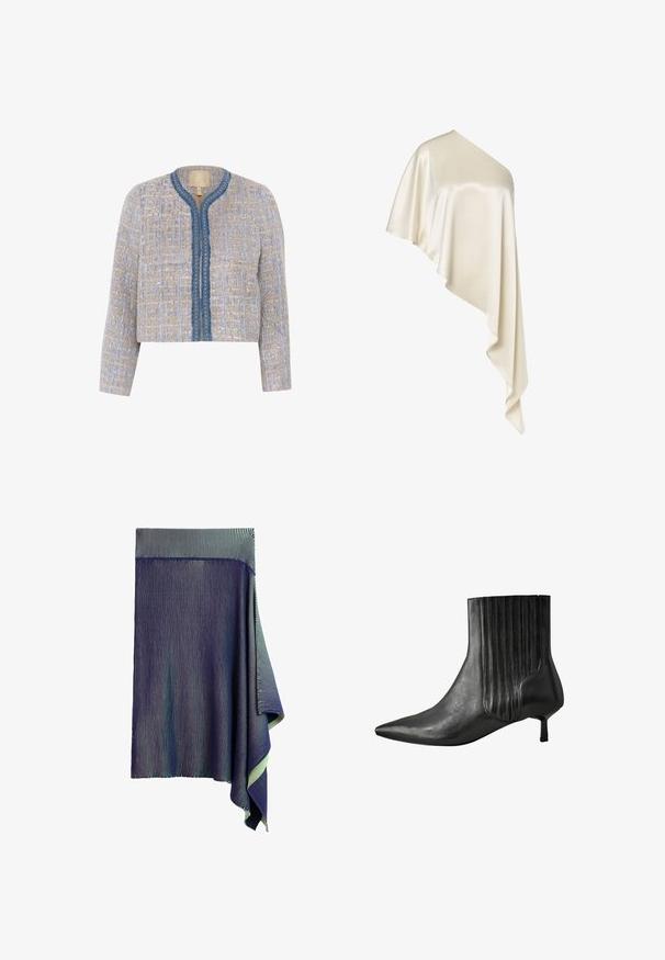 Tweedjacke in Hellbeige und Blau mit strukturiertem Muster, rundem Ausschnitt, Frontverschluss und blauer Borte mit dekorativen Akzenten.; Cremefarbener Satin-Ein-Schulter-Top mit asymmetrischem, fließendem Drapierungsdesign und längeren Stoffbahnen auf einer Seite.; Dunkelblauer gestrickter Rock mit sehr feinen weißen vertikalen Streifen und einem asymmetrisch drapierten Saum auf einer Seite.; Schwarze Leder-Stiefelette mit einer spitzen Zehenform, geribbeltem Seitendesign und einem niedrigen, quadratischen Absatz. Glatte Textur mit glänzendem Finish.