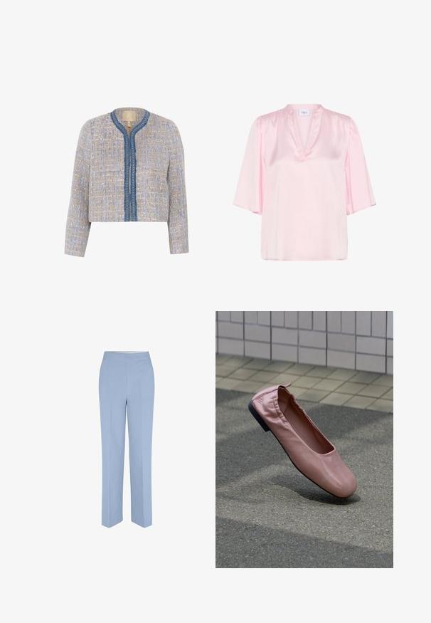 Veste en tweed légère beige et bleue avec un motif texturé, col rond, fermeture frontale et bord bleu avec des accents décoratifs.; Blouse en satin rose clair avec col en V, manches mi-longues amples et petit détail froncé aux épaules.; Pantalons droits bleu clair en tissu lisse, présentant un design front uni sans matériel ou embellissements visibles.; Chaussure plate en cuir rose avec talon élastiqué flottant au-dessus d’un sol en asphalte gris, mur carrelé en arrière-plan.