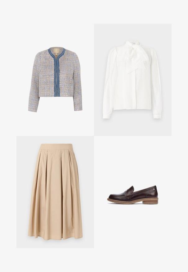 Tweedjakke i lys beige og blå med et tekstureret mønster, rund halsudskæring, lukning fortil og blå kant med dekorative detaljer.; Hvid bluse med høj krave, bånddetalje, lange ærmer med knapmanchetter og et struktureret, stribet stof.; Beige knælang plisseret nederdel med bredtaljet linning, lavet af letvægtsstof, vist på en simpel hvid baggrund.; Pikolinos ALDAYA - Loafers - dark brown