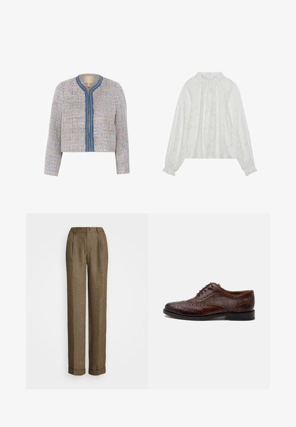 Veste en tweed légère beige et bleue avec un motif texturé, col rond, fermeture frontale et bord bleu avec des accents décoratifs.; Blouse blanche à manches longues, avec un motif floral texturé, un décolleté froncé et des poignets élastiques. Tissu doux et léger.; Pantalons en motif pied-de-poule brun et noir, présentant une coupe droite, des plis et une fermeture à bouton à la taille.; Chaussure habillée homme à bout golf en cuir marron avec détails brogue et panneaux latéraux en tissu à carreaux, vue de côté sur fond blanc.