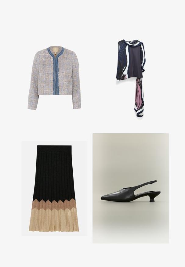 Tweed jasje in lichtbeige en blauw met een gestructureerd patroon, ronde halslijn, sluiting aan de voorkant en blauwe afwerking met decoratieve accenten.; Mouwloze blouse in marineblauw en wit met een roze abstract patroon. Heeft een gedrapeerde halslijn en een vloeiende, aangehechte sjaaldetail.; Plissérok van metallic stof, met een zigzagpatroon in zwart, beige en goud. De zoom is goudkleurig, wat zorgt voor een kleurnuance.; Zwarte leren slingback schoen met puntige neus en lage kittenhak op een neutrale achtergrond.